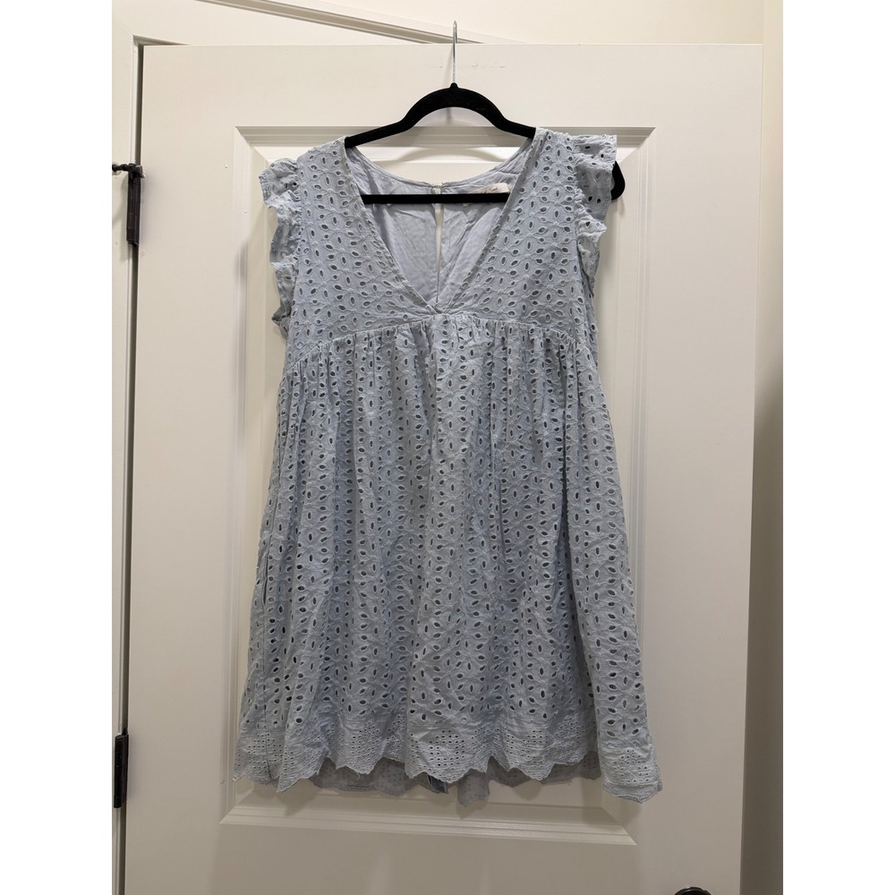Mustard Seed Blue Eyelet Babydoll Dress Flutter Sleeve Mini V-Neck Size Medium